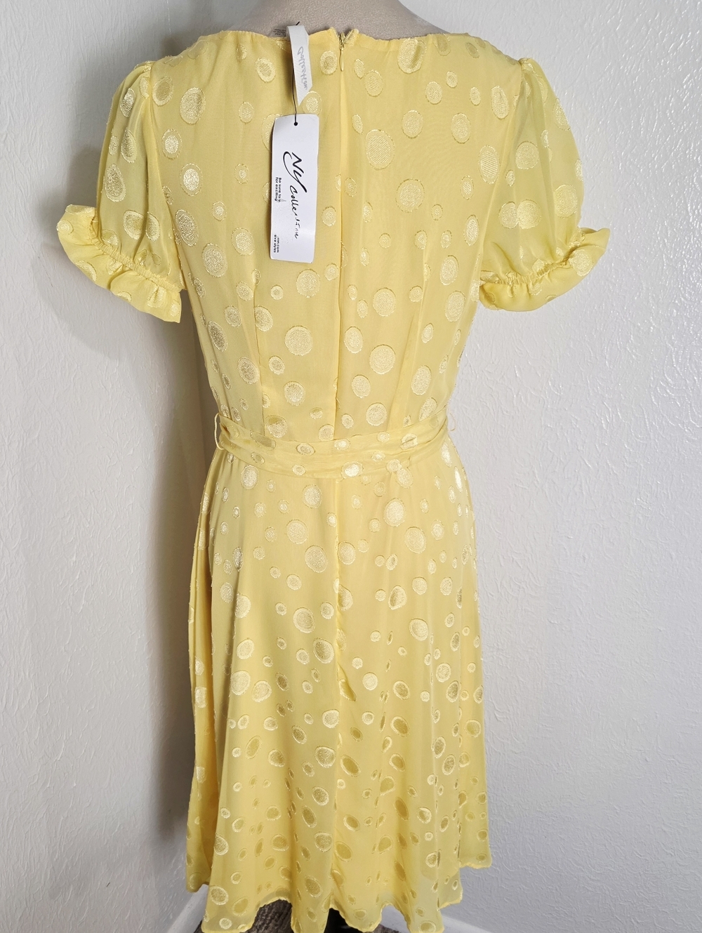 NY Collection Yellow Swiss Dot Tie-Waist Dress, Short Puff Sleeves, Size PM, NWT - Picture 9 of 14